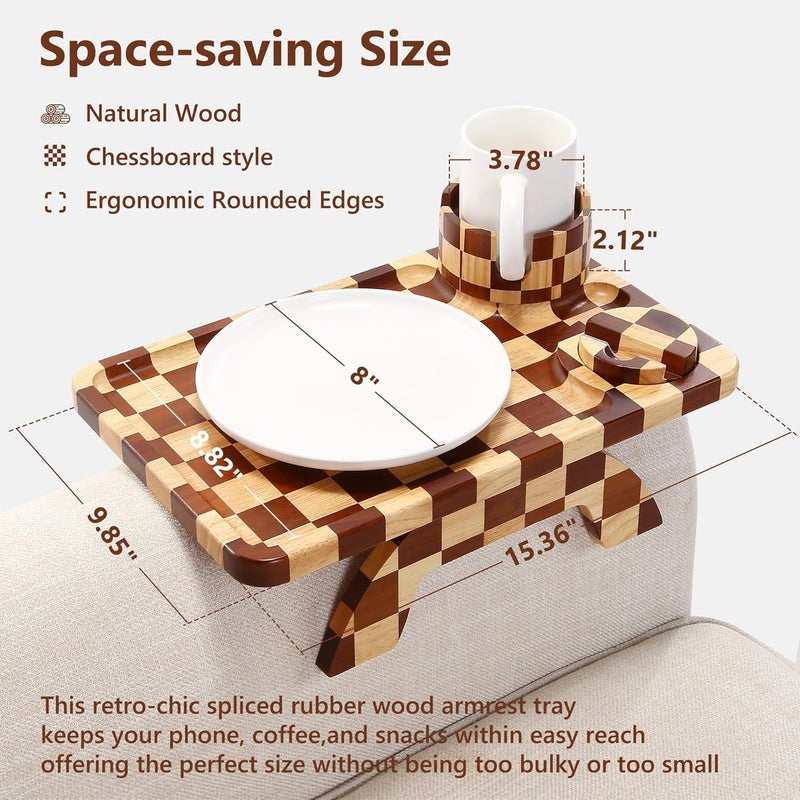 Acanacle Couch Arm Table with Gift Box, Checkered Carbonized Rubber Wood Sofa Armrest Tray, 3-in-1 Clip-on Large Couch Cup Holder Tray & Phone Stand for Drinks, Snacks & Remote - Image 4